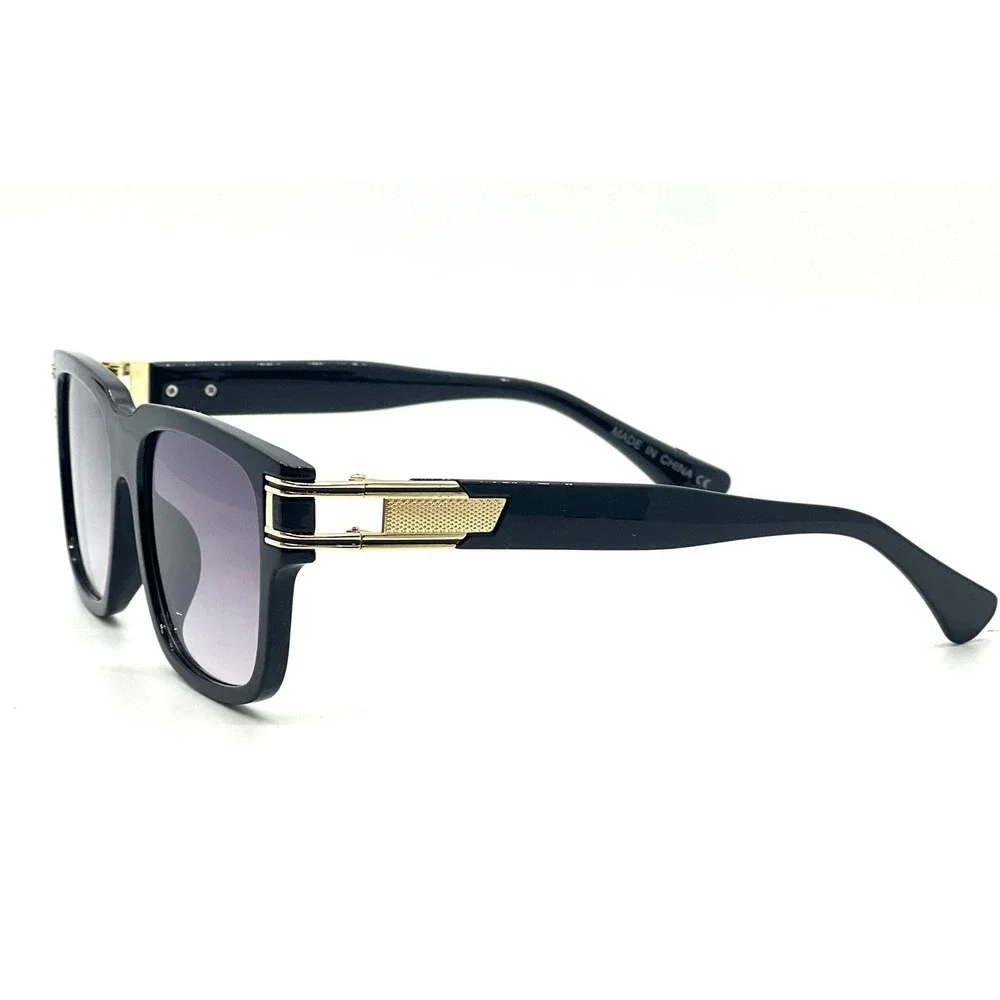 Square Sunglasses Black Frame Gold Accent Black‎ Lens Fashion Shades Street Wear